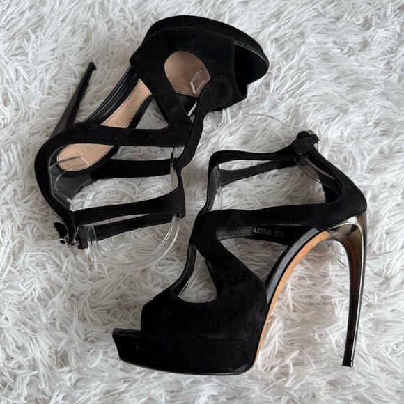 Alexander McQueen Black Suede Strappy Platform Sandals with Horn Heel Size 37.5 - Picture 6 of 11